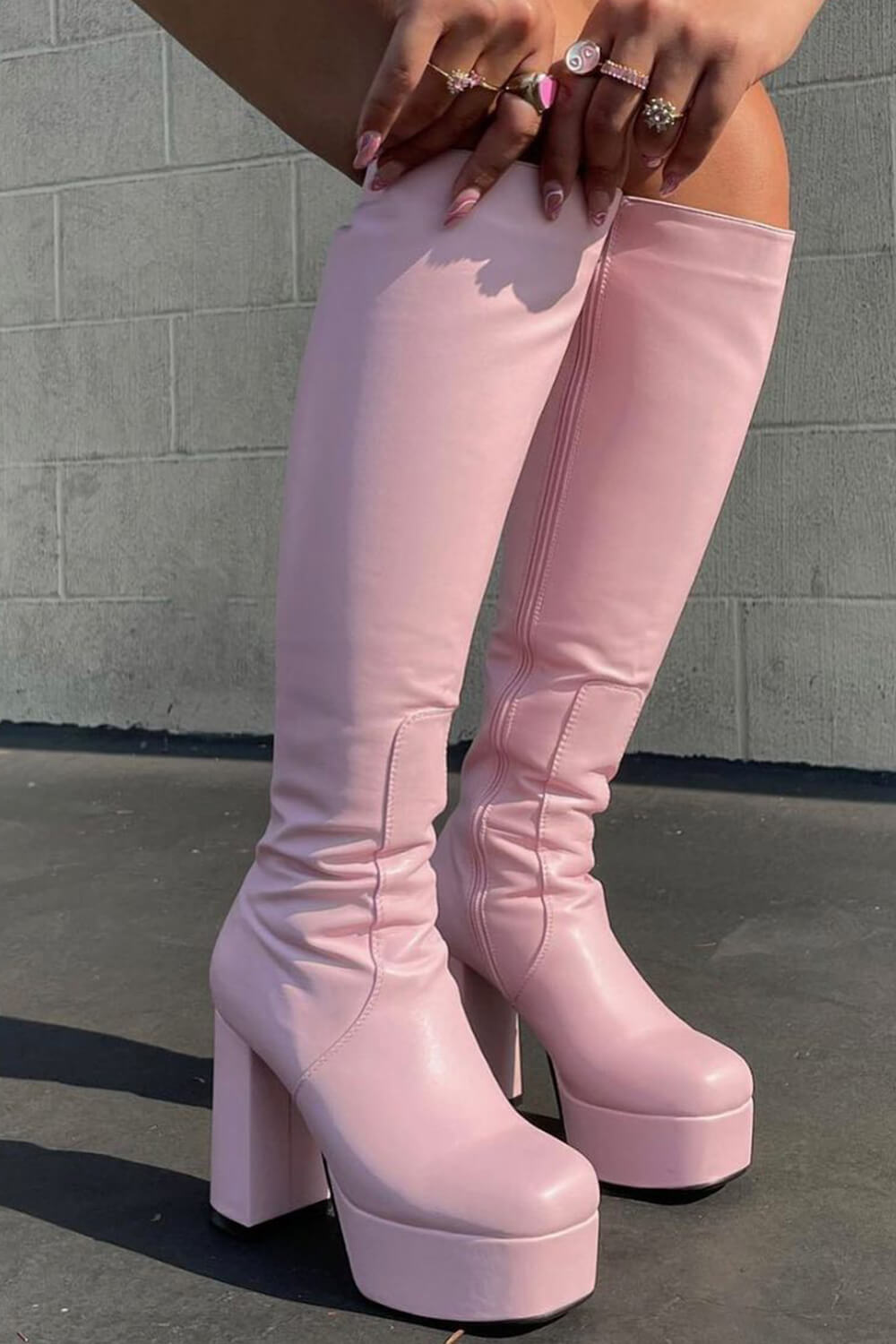 Pink Chunky Platform Block Heel Knee High Boots - MomyMall