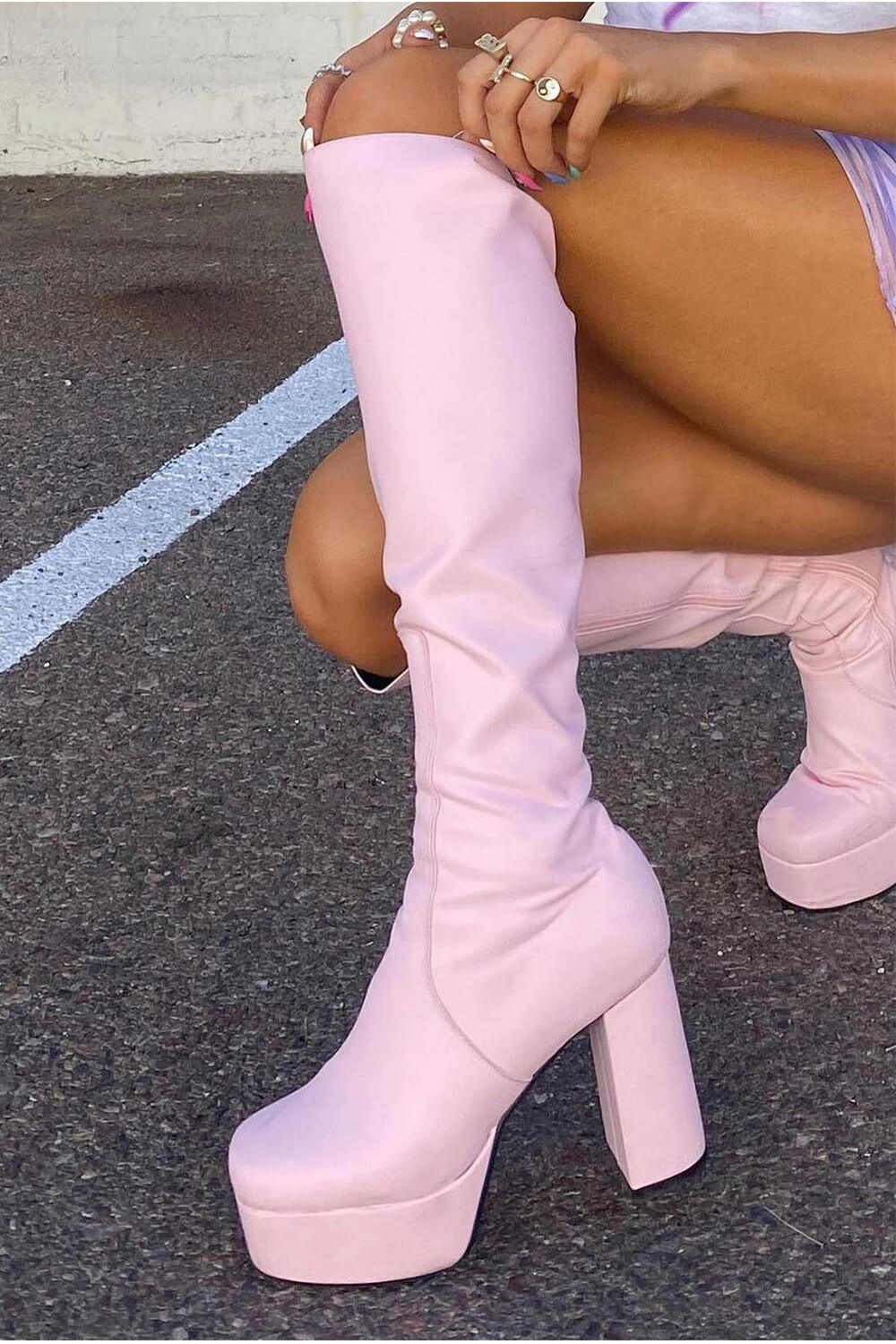 Pink Chunky Platform Block Heel Knee High Boots - MomyMall