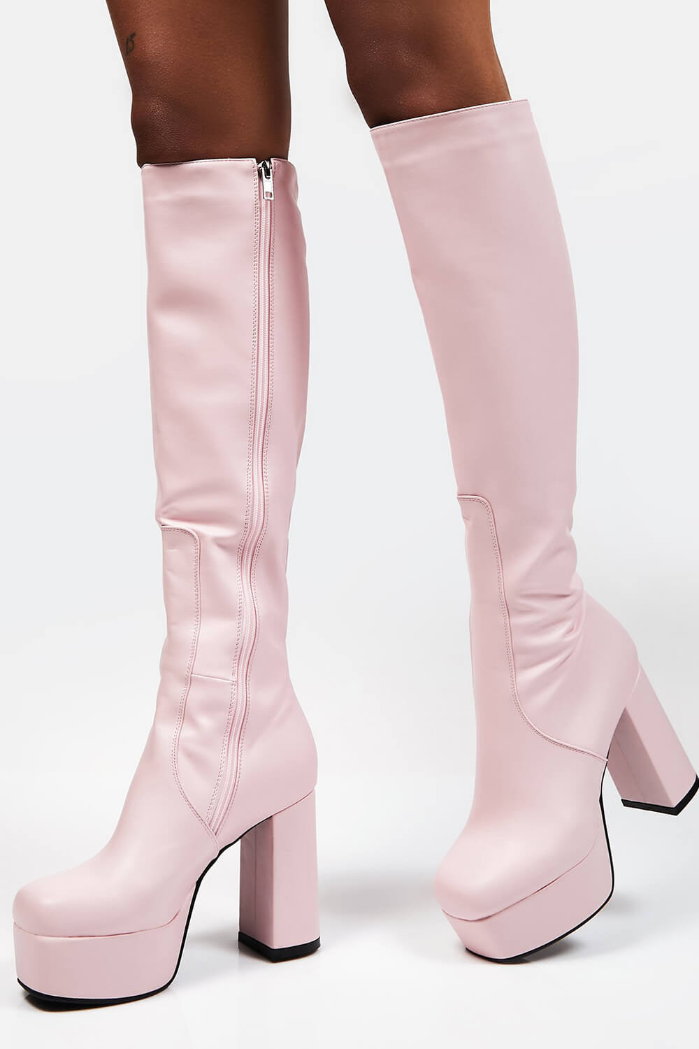 Pink Chunky Platform Block Heel Knee High Boots - MomyMall