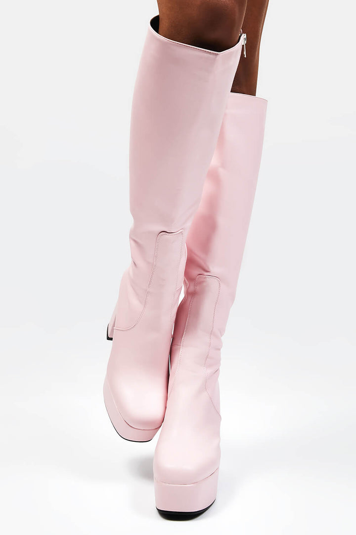 Pink Chunky Platform Block Heel Knee High Boots - MomyMall