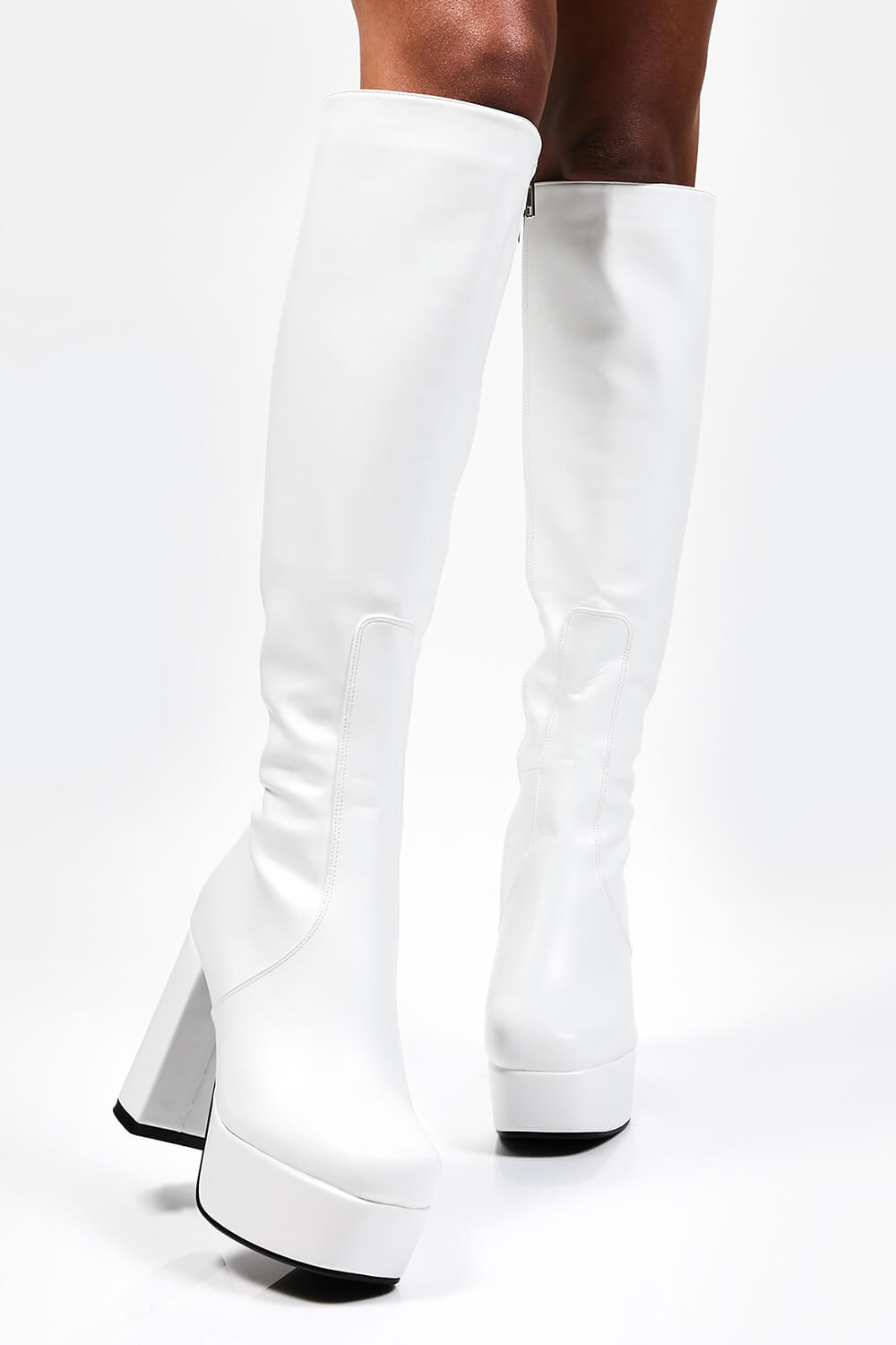 White Chunky Platform Block Heel Knee High Boots - MomyMall