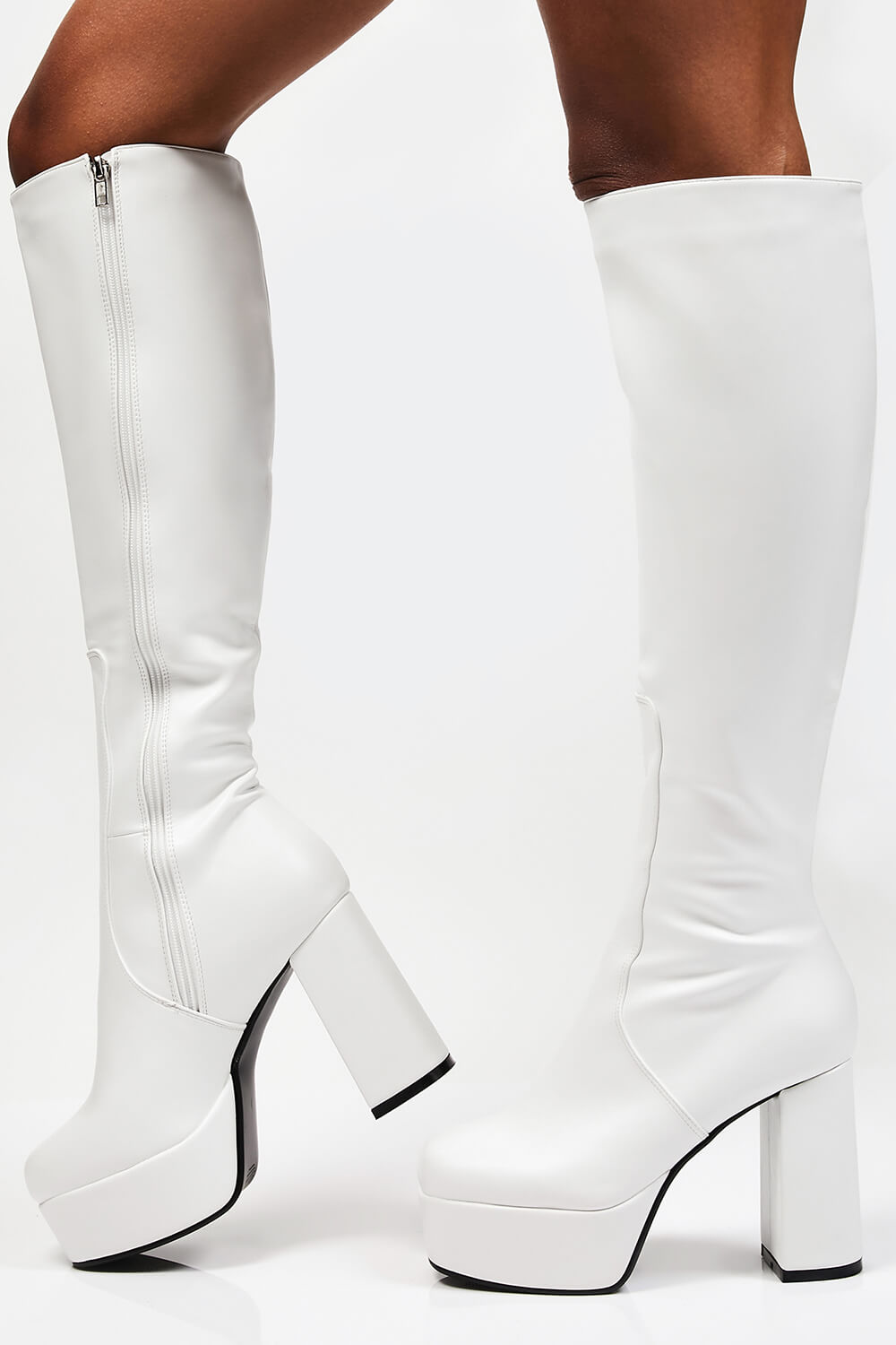 White Chunky Platform Block Heel Knee High Boots - MomyMall