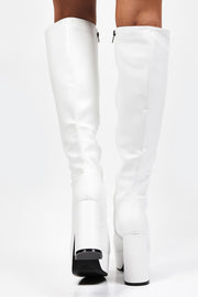 White Chunky Platform Block Heel Knee High Boots - MomyMall