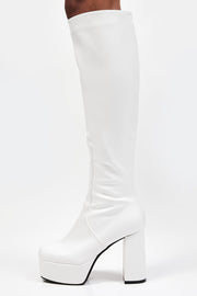 White Chunky Platform Block Heel Knee High Boots - MomyMall
