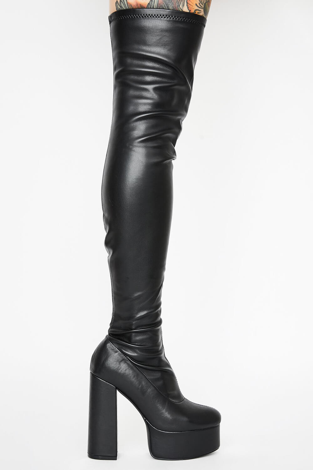 Black Chunky Platform Block Heel Thigh High Boots - MomyMall