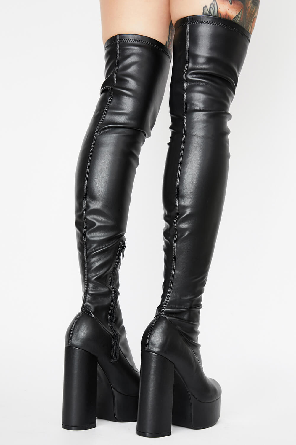 Black Chunky Platform Block Heel Thigh High Boots - MomyMall