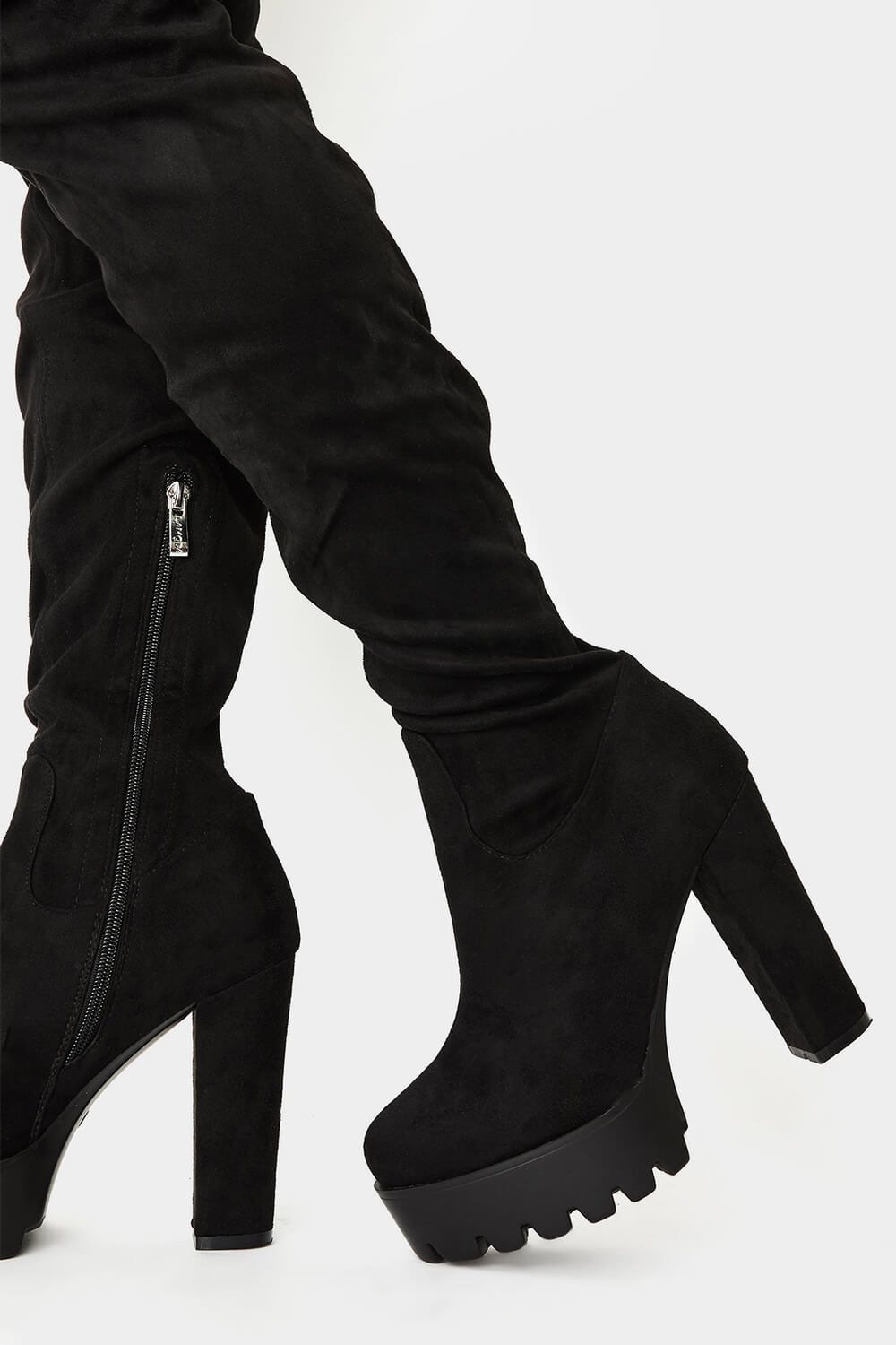 Black Suede Chunky Platform Block Heel Thigh High Boots - MomyMall