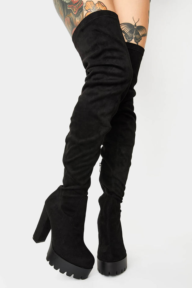 Black Suede Chunky Platform Block Heel Thigh High Boots - MomyMall