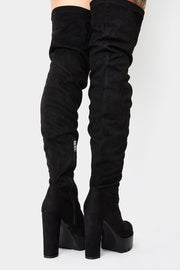 Black Suede Chunky Platform Block Heel Thigh High Boots - MomyMall