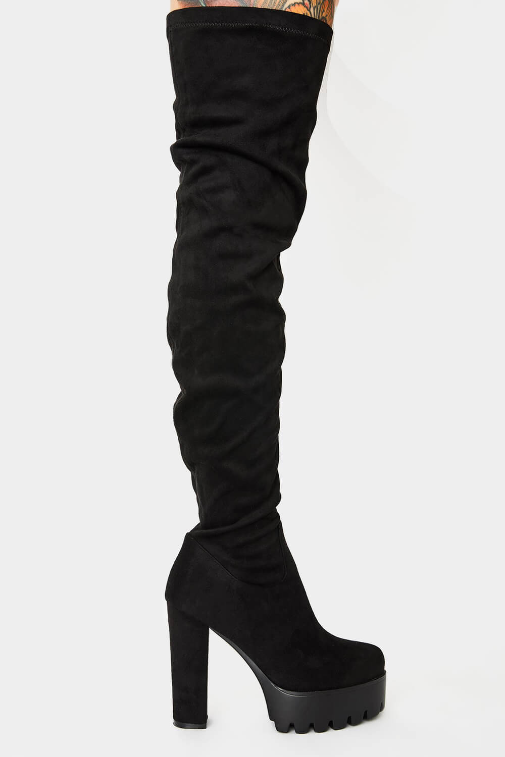 Black Suede Chunky Platform Block Heel Thigh High Boots - MomyMall