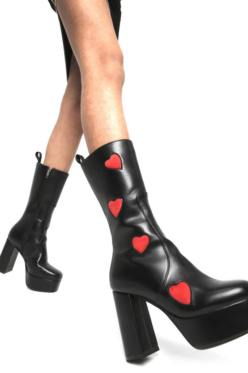 Black Red Heart Platform Mid Calf High Block Boots - MomyMall