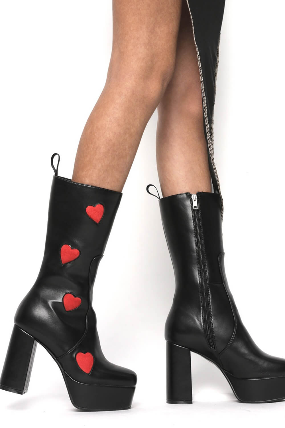 Black Red Heart Platform Mid Calf High Block Boots - MomyMall