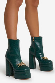 Green Croc Print Patent Doubke Platform Block Heel Ankle Boot With Chain Statement Detail