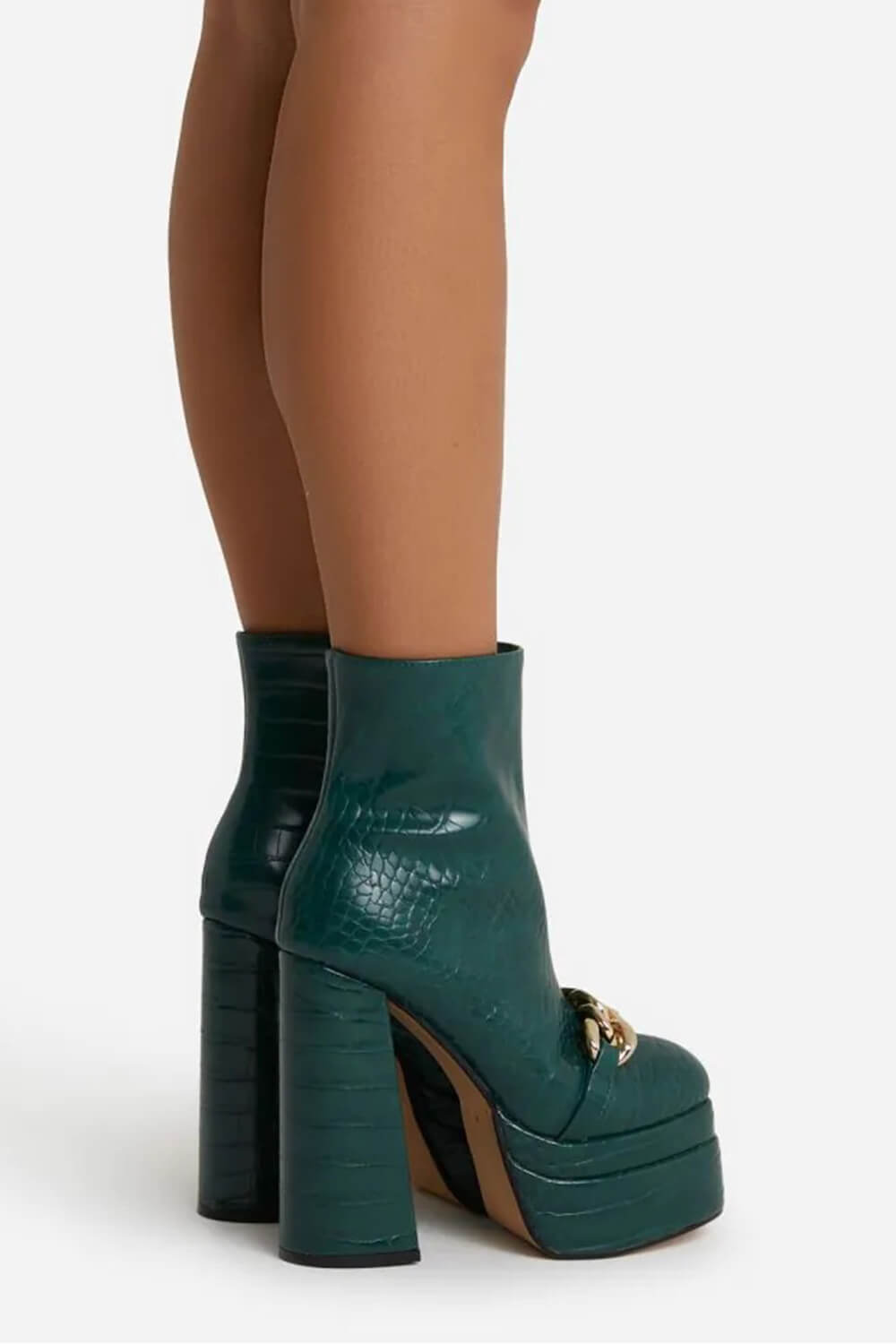 Green Croc Print Patent Doubke Platform Block Heel Ankle Boot With Chain Statement Detail