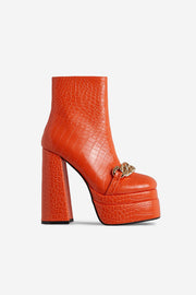 Orange Croc Print Patent Doubke Platform Block Heel Ankle Boot With Chain Statement Detail - MomyMall