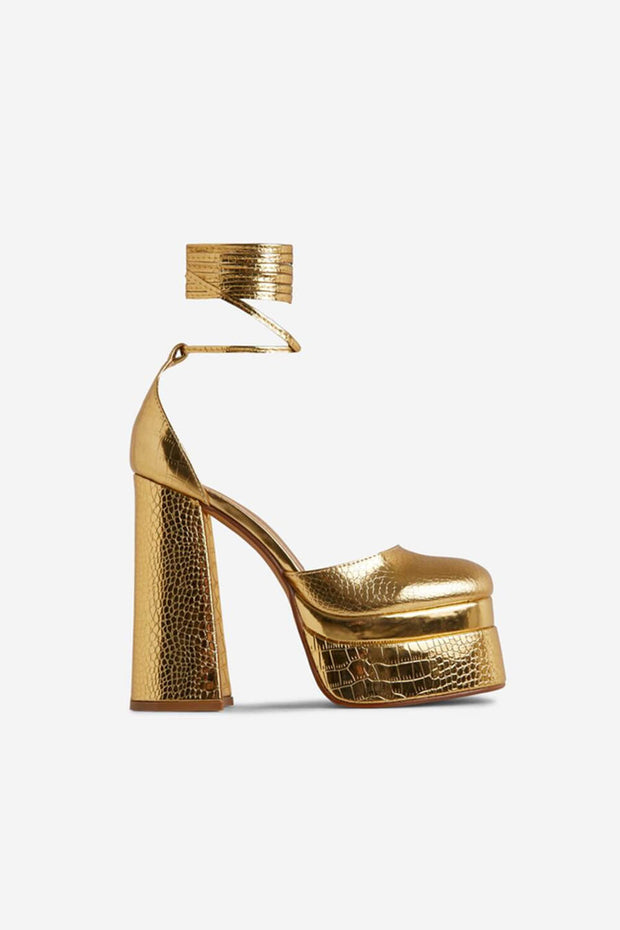 Gold Croc Print Lace Up Square Closed Toe Statement Platform Block Heel Boots - MomyMall