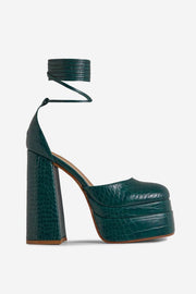 Green Croc Print Lace Up Square Closed Toe Statement Platform Block Heel Boots - MomyMall