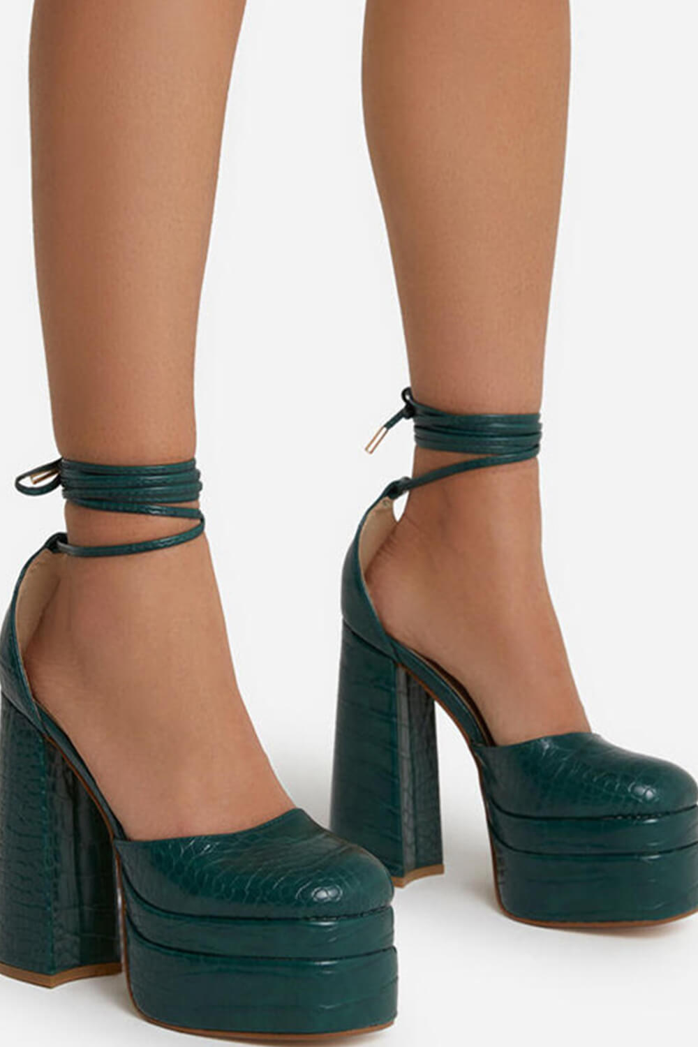 Green Croc Print Lace Up Square Closed Toe Statement Platform Block Heel Boots - MomyMall