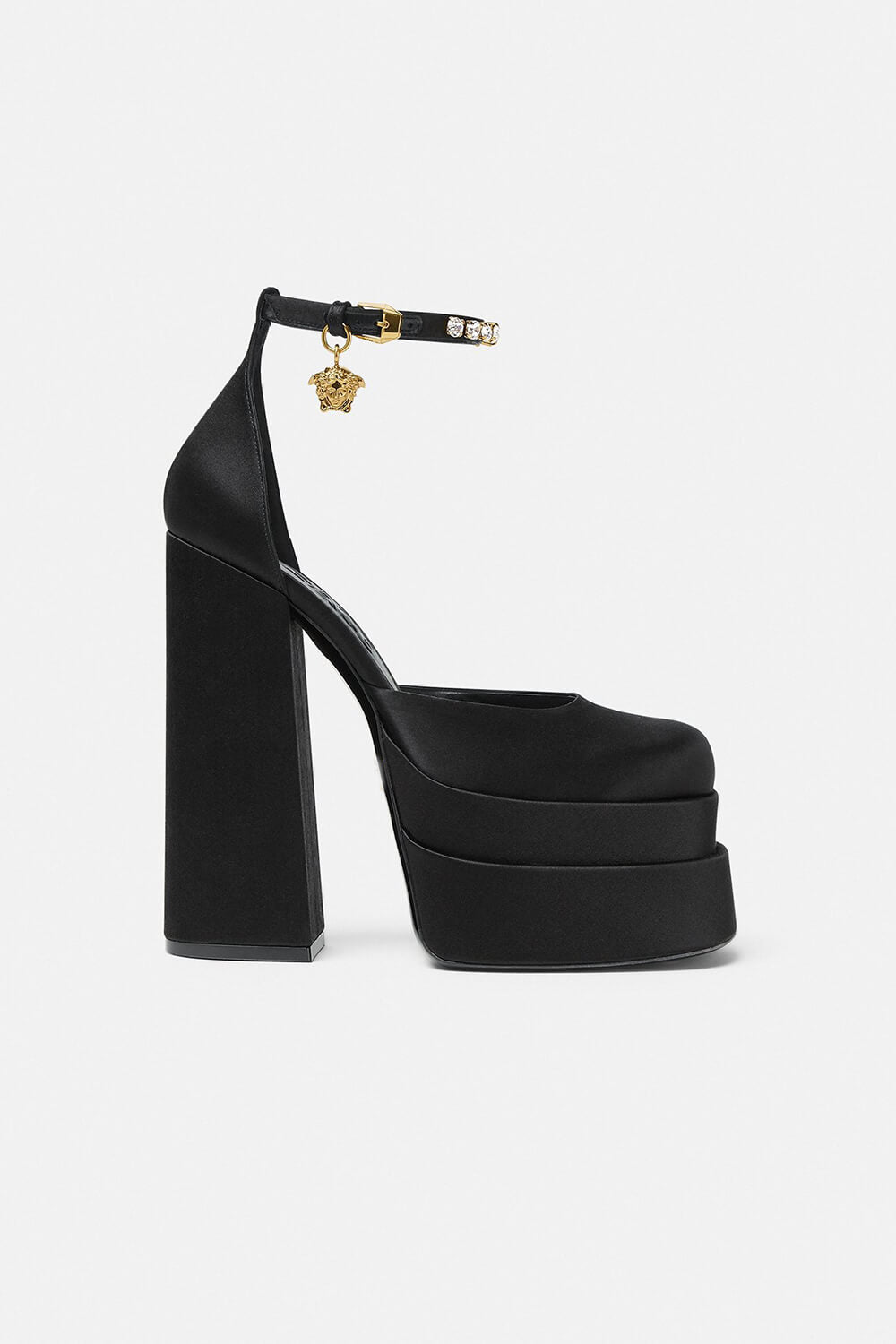 Black Satin Patent Square Closed Toe Statement Double Platform Block Heel Boots - MomyMall