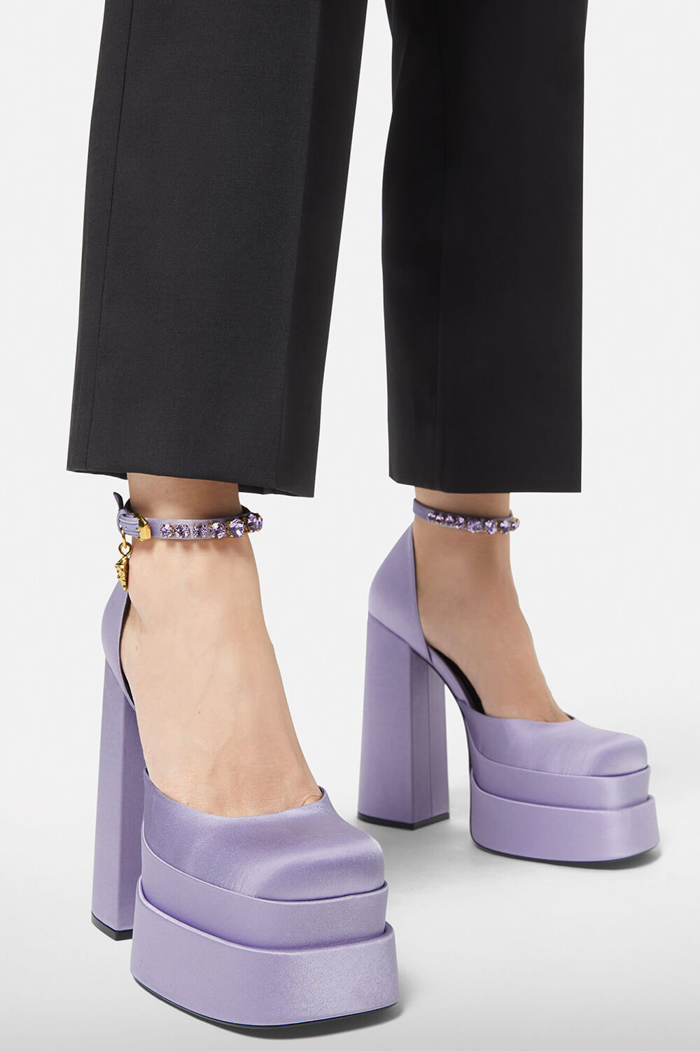 Lilac Satin Patent Square Closed Toe Statement Double Platform Block Heel Boots - MomyMall