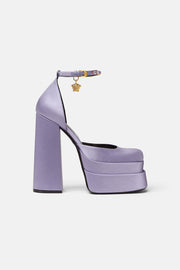 Lilac Satin Patent Square Closed Toe Statement Double Platform Block Heel Boots - MomyMall