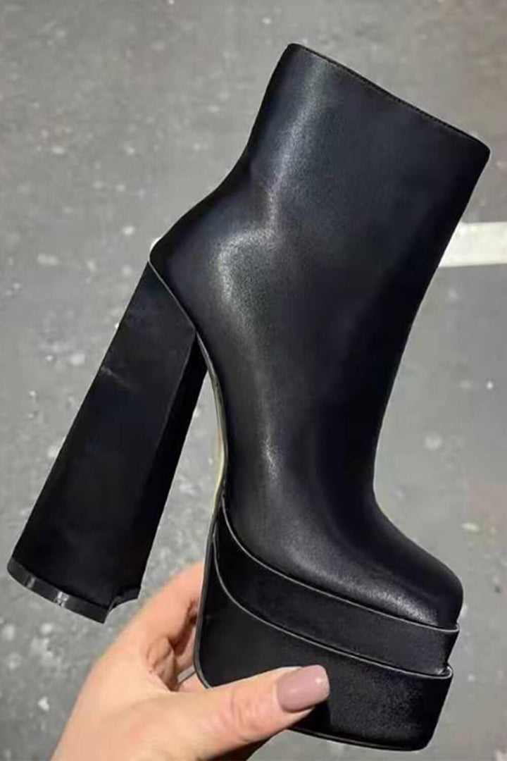 Black Satin Square Toe Double Platform Block Heel Ankle Boots - MomyMall