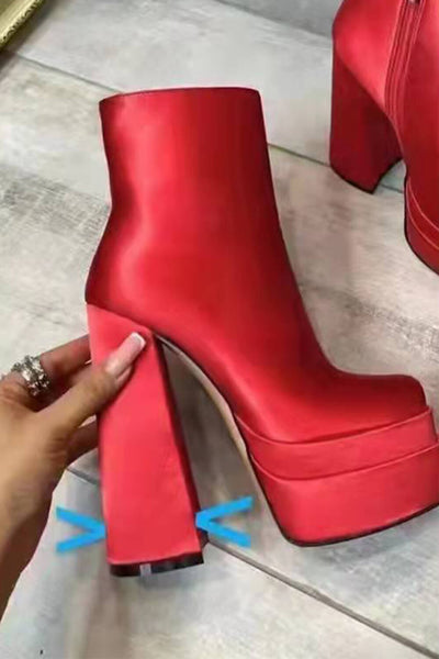 Red Satin Square Toe Double Platform Block Heel Ankle Boots - MomyMall