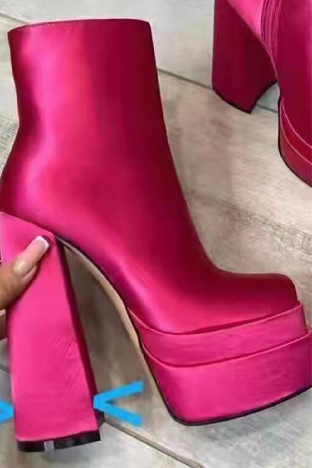 Hot Pink Satin  Square Toe Double Platform Block Heel Ankle Boots