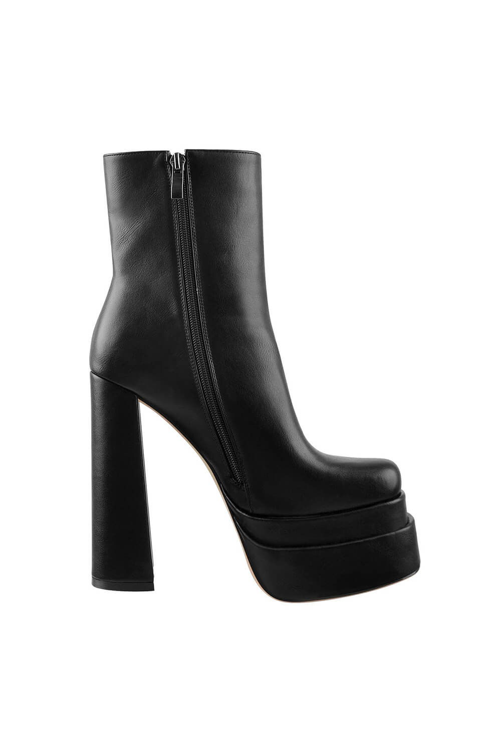 Black Faux Leather Square Toe Double Platform Block Heel Ankle Boots