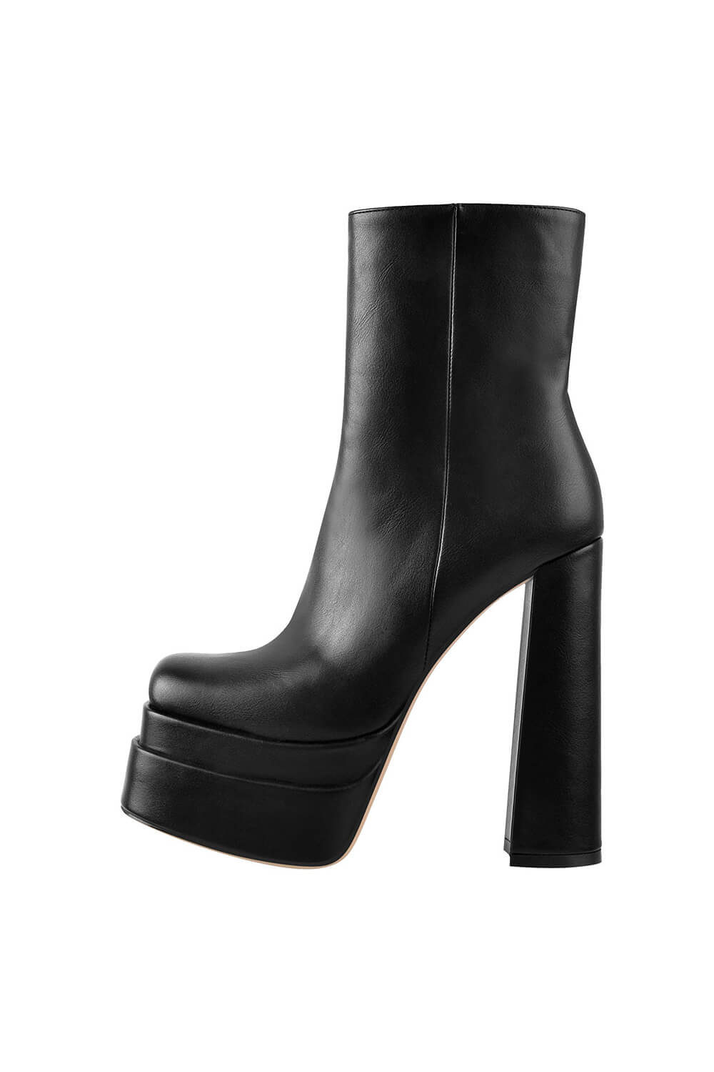 Black Faux Leather Square Toe Double Platform Block Heel Ankle Boots