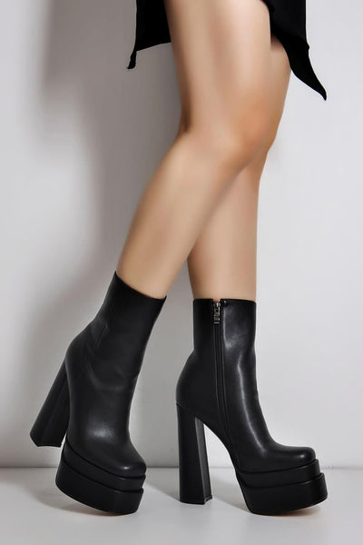 Black Faux Leather Square Toe Double Platform Block Heel Ankle Boots