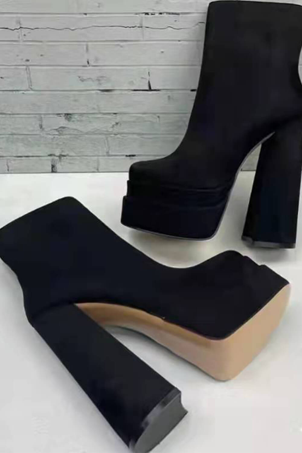 Black Faux Suede Square Toe Double Platform Block Heel Ankle Boots