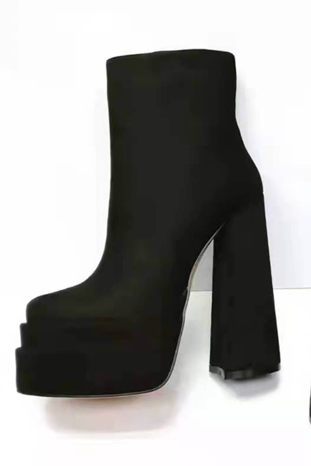 Black Faux Suede Square Toe Double Platform Block Heel Ankle Boots