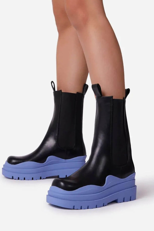 Black & Blue Flat Platform Ankle Boots - MomyMall