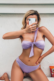 Purple Shine Asymmetrical Knot Tie One Shoulder Bandeau Bikini Top