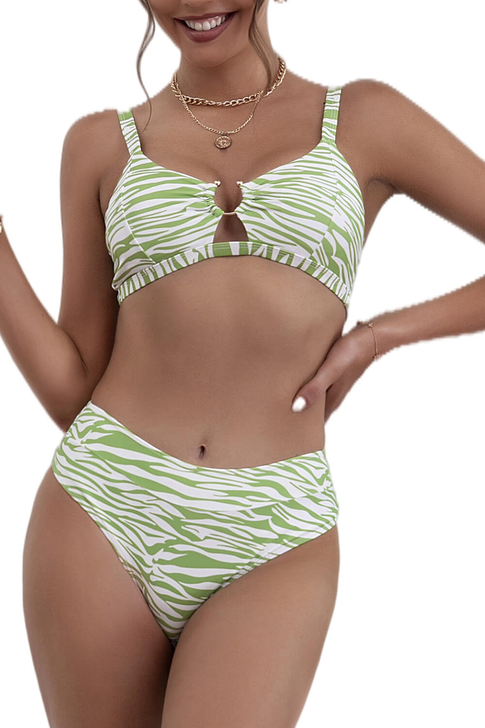 Green Printed High-Waist Bikini Bottoms - MomyMall