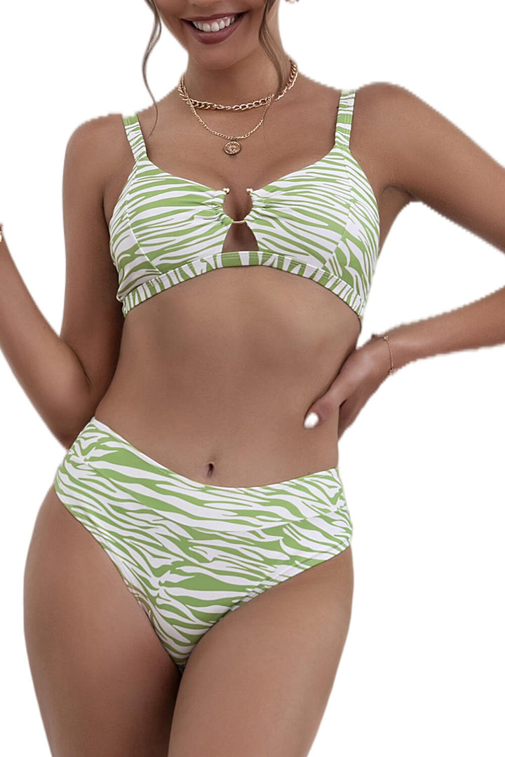 Green Printed U-Ring Bralette Bikini Top - MomyMall