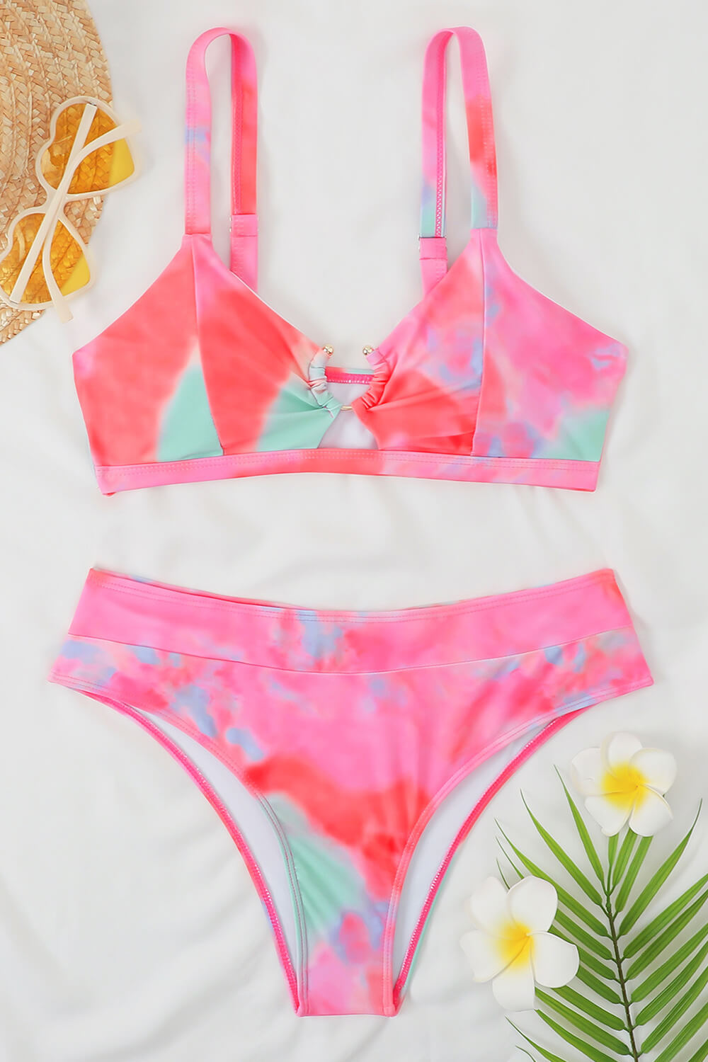 Pink Printed U-Ring Bralette Bikini Top - MomyMall