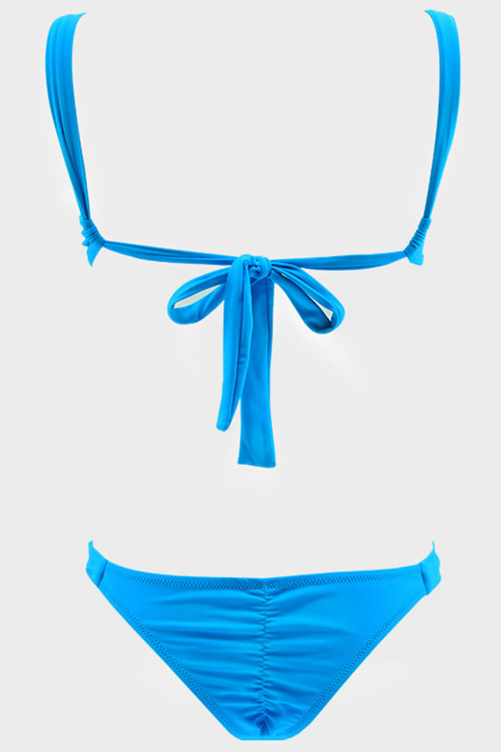 Blue Ruched Front Cut Out Bikini Top - MomyMall