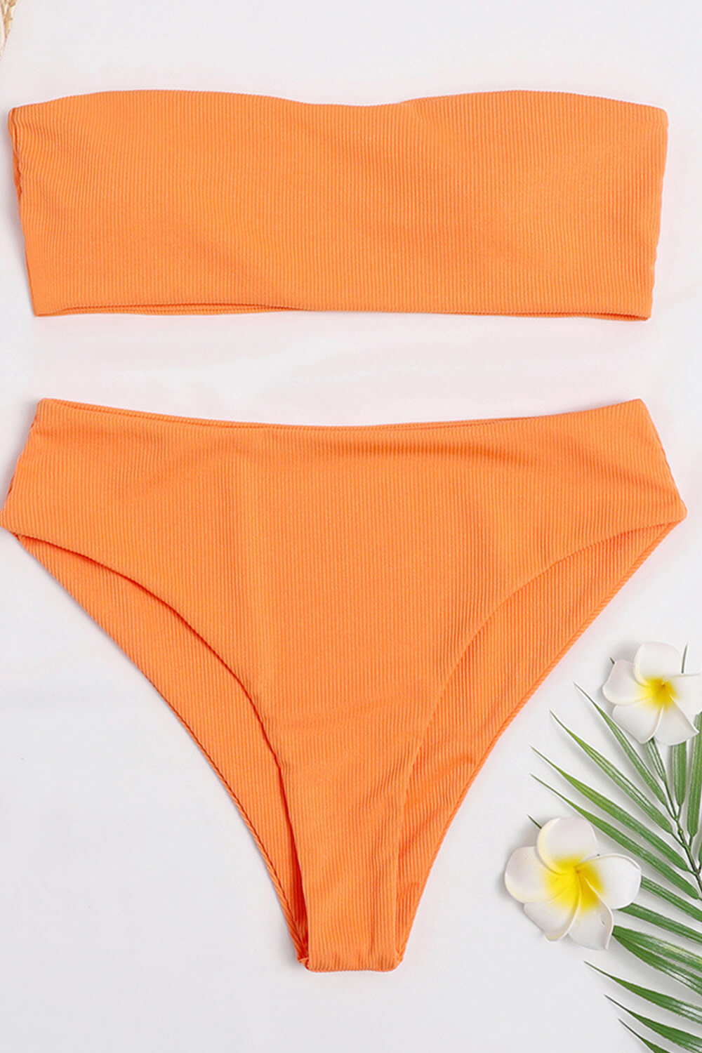 Orangefarbene, gerippte Bikinihose mit hohem Bund