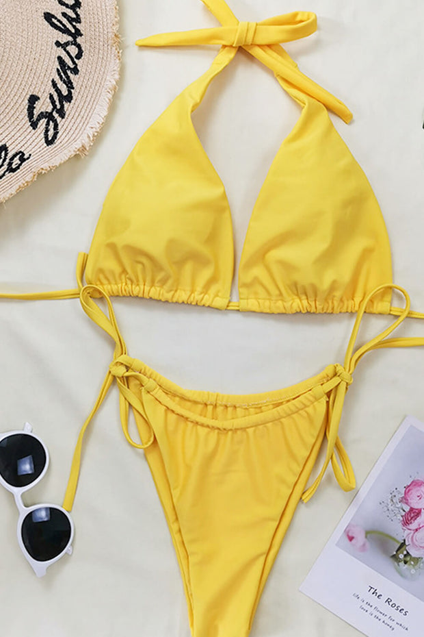 Yellow String Tie Halter Triangle Bikini - MomyMall