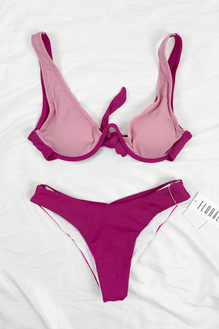 Hot Pink Color Block Ribbed U Wire Plunge Bikini Top - MomyMall