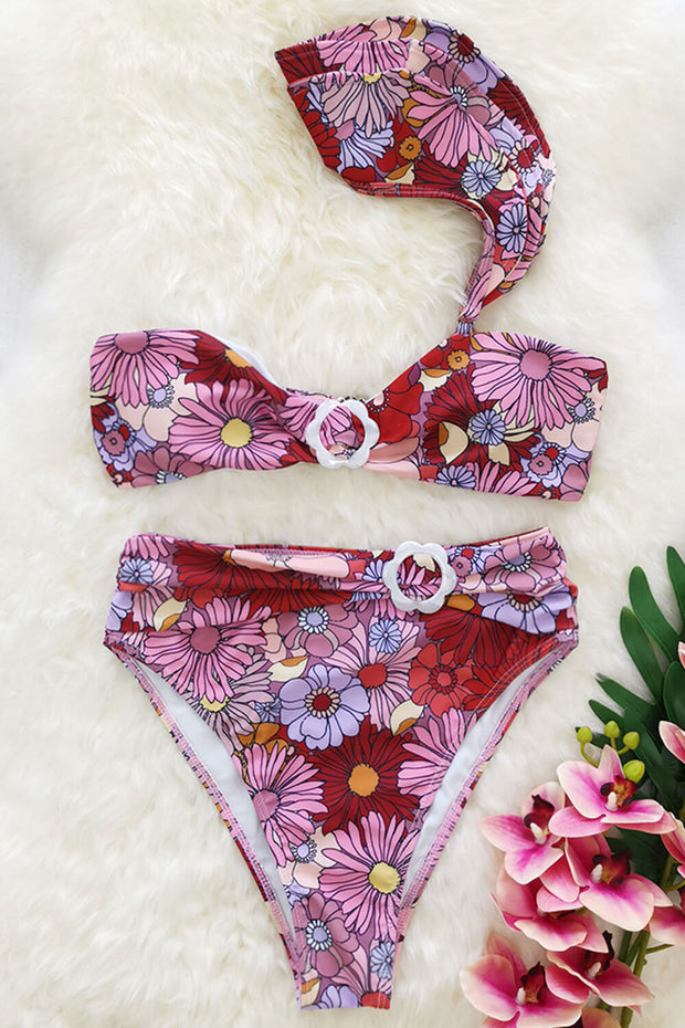 Marsala Floral Ruched High Waisted Bikini Bottoms With Flower Buckle Detail - MomyMall