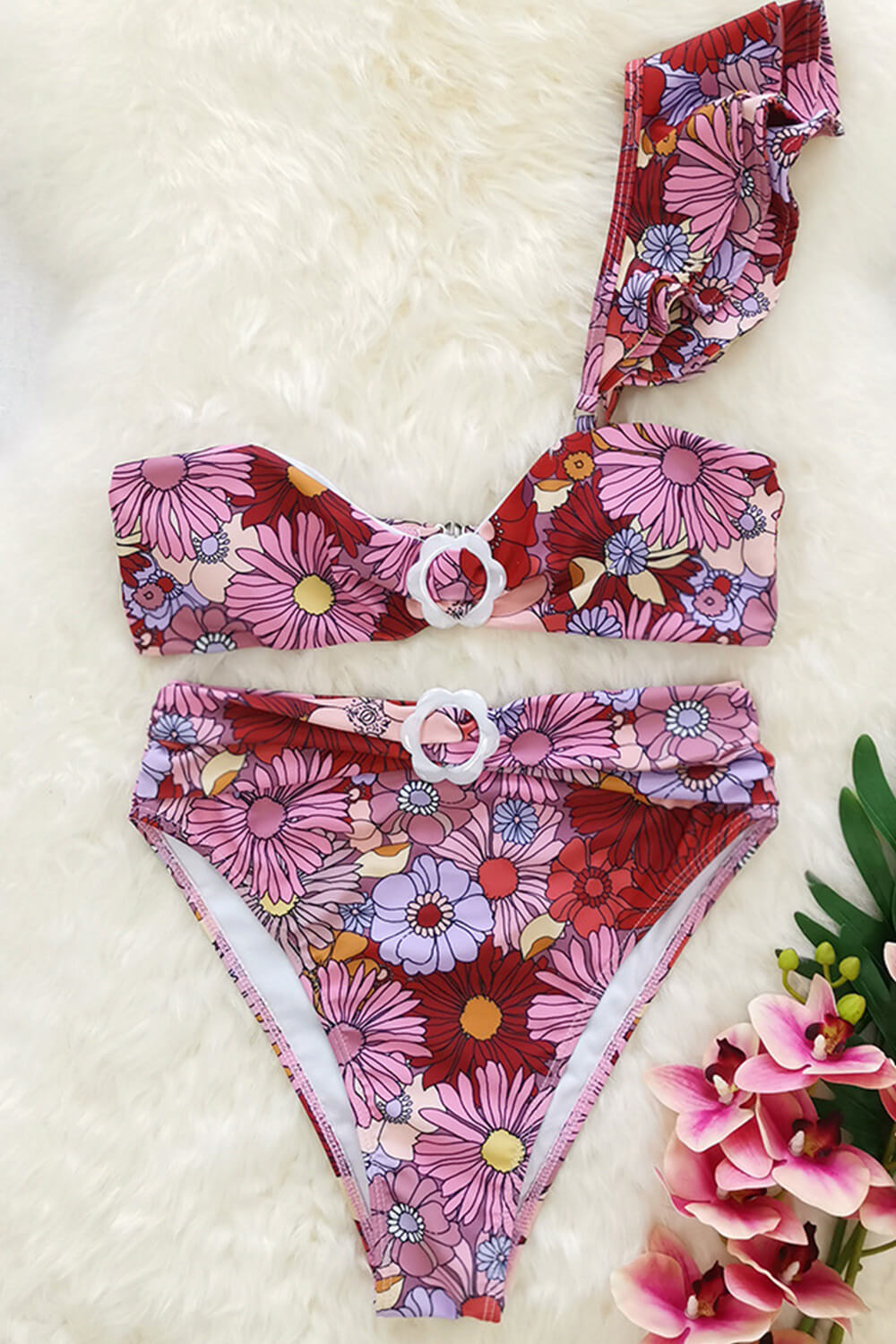 Marsala Floral Ruched High Waisted Bikini Bottoms With Flower Buckle Detail - MomyMall