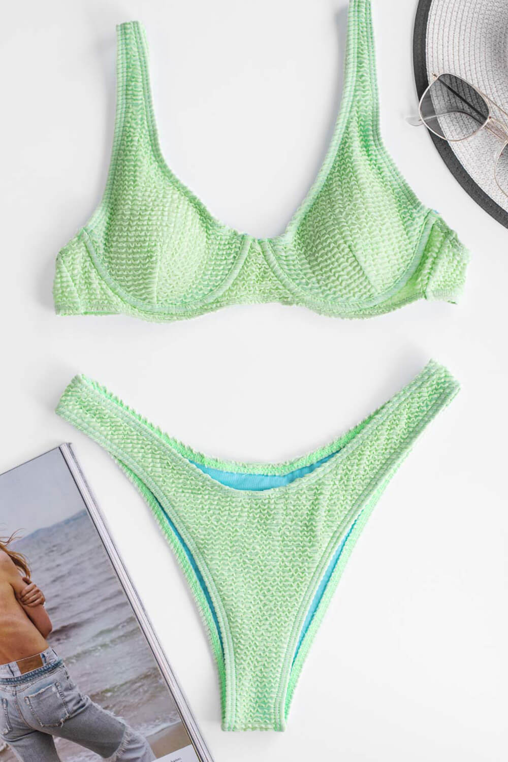 Mint Crinkle Plunge Underwire Bikini Top - MomyMall