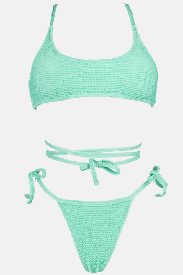 Mint Crinkle Drawstring Tie Side Bikini Bottoms