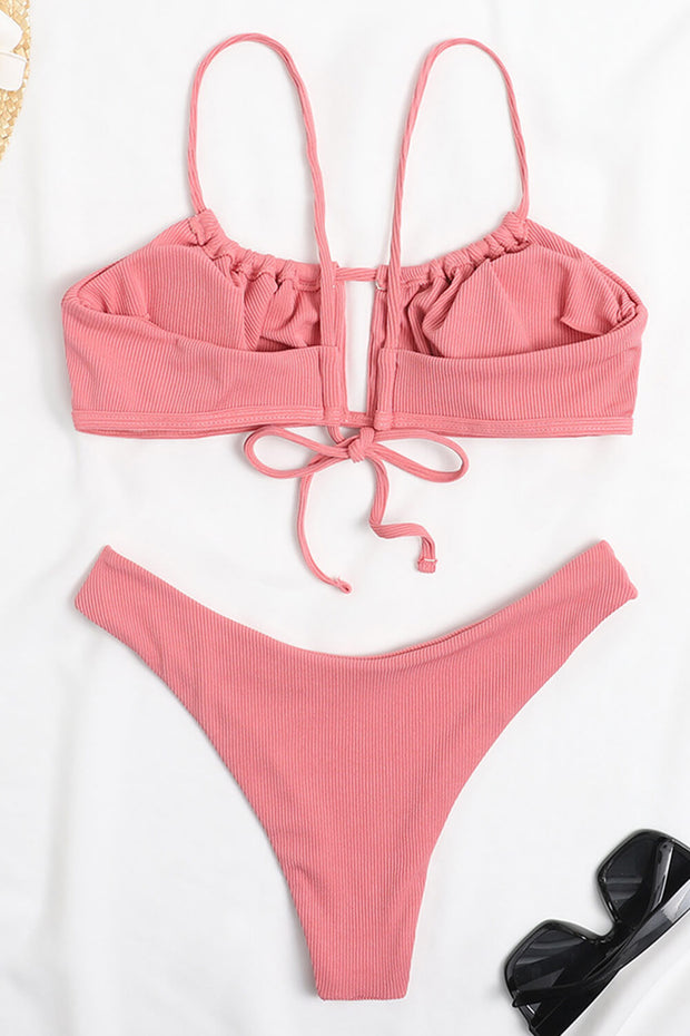 Coral Ribbed Cutout Ruched Bust Bralette Bikini Top - MomyMall