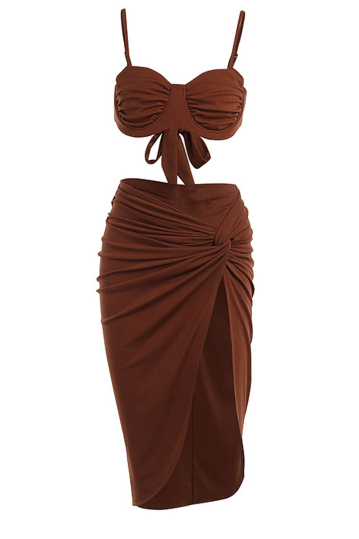 Chocolate Ruched Underwire Balconette Bikini Set With Knot Side Split Midi Skirt - MomyMall