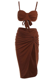 Chocolate Ruched Underwire Balconette Bikini Set With Knot Side Split Midi Skirt - MomyMall