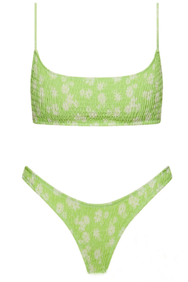 Pale Green Floral Ruched Scoop Crop Bikini Top - MomyMall